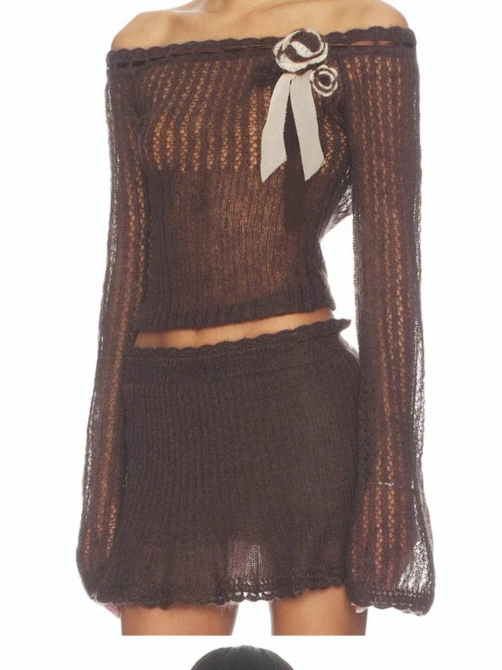 Mirror palais Little Lamb Knit skirt  in brown - lace mini skirt with elastic wa